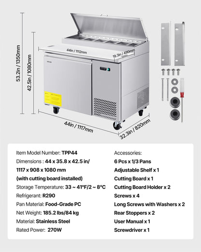 Commercial Refrigerator, 44" W Pizza Prep Refrigerated Table, 20" Ultra Wide Countertop Food Prep Worktable, 11 Cu.Ft Single Door Salad Prep Fridge, 6 Pans Pizza Make Worktop with Cutting Board