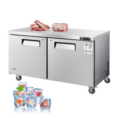 60" W Commercial Freezer, 14.8 Cu.Ft Worktop Freezers Undercounter with LED Auto Lighting and Lockable Door, 2 Doors Food Freezing Prep Worktable, Stainless Steel Prep Frozen Table with Casters
