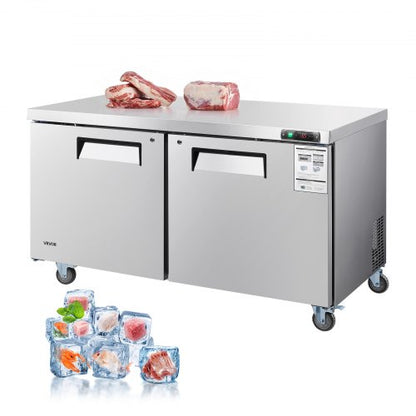 60" W Commercial Freezer, 14.8 Cu.Ft Worktop Freezers Undercounter with LED Auto Lighting and Lockable Door, 2 Doors Food Freezing Prep Worktable, Stainless Steel Prep Frozen Table with Casters