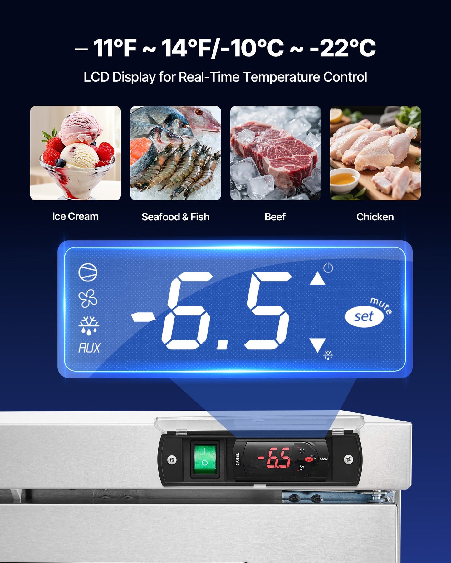 60" W Commercial Freezer, 14.8 Cu.Ft Worktop Freezers Undercounter with LED Auto Lighting and Lockable Door, 2 Doors Food Freezing Prep Worktable, Stainless Steel Prep Frozen Table with Casters