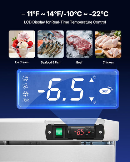 60" W Commercial Freezer, 14.8 Cu.Ft Worktop Freezers Undercounter with LED Auto Lighting and Lockable Door, 2 Doors Food Freezing Prep Worktable, Stainless Steel Prep Frozen Table with Casters