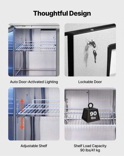 60" W Commercial Freezer, 14.8 Cu.Ft Worktop Freezers Undercounter with LED Auto Lighting and Lockable Door, 2 Doors Food Freezing Prep Worktable, Stainless Steel Prep Frozen Table with Casters