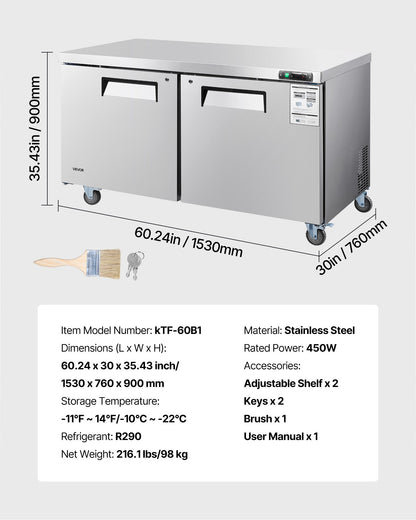 60" W Commercial Freezer, 14.8 Cu.Ft Worktop Freezers Undercounter with LED Auto Lighting and Lockable Door, 2 Doors Food Freezing Prep Worktable, Stainless Steel Prep Frozen Table with Casters