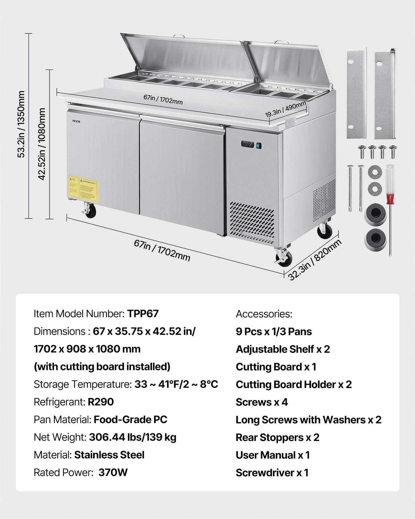 67"W Commercial Refrigerator, Pizza Prep Refrigerated Table, 20" Ultra Wide Countertop Food Prep Worktable, 20.3 Cu.Ft Single Door Salad Prep Fridge, 9 Pans Pizza Make Worktop with Cutting Board