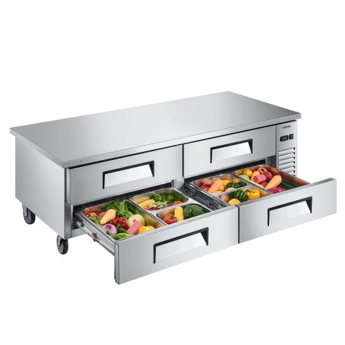 Chef Base Refrigerator, 72" W Commercial Chef Bases Worktop Refrigerators, 4-Drawer Under Counter Fridge with 12 Pans Stainless Steel, Heavy-Duty Refrigerated Base, Invisible Door Handle