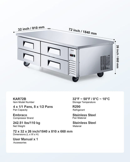Chef Base Refrigerator, 72" W Commercial Chef Bases Worktop Refrigerators, 4-Drawer Under Counter Fridge with 12 Pans Stainless Steel, Heavy-Duty Refrigerated Base, Invisible Door Handle