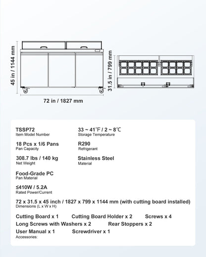 72"W Commercial Refrigerator, 18.7 Cu. Ft Sandwich Prep Refrigerated Table, Mega Top Food Prep Fridge with 18 Pans and Cutting Board, Stainless Steel Salad Prep Cooler for Restaurant, Food Truck