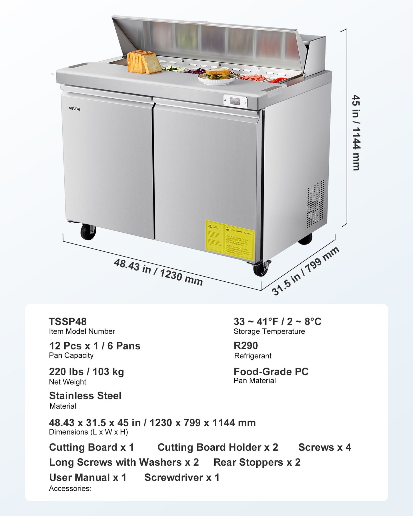 48"W Commercial Refrigerator, 12.5 Cu. Ft Sandwich Prep Refrigerated Table, Mega Top Food Prep Fridge with 12 Pans and Cutting Board, Stainless Steel Salad Prep Cooler for Restaurant, Food Truck