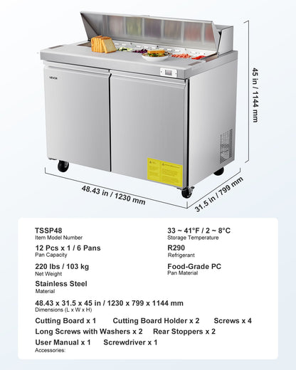 48"W Commercial Refrigerator, 12.5 Cu. Ft Sandwich Prep Refrigerated Table, Mega Top Food Prep Fridge with 12 Pans and Cutting Board, Stainless Steel Salad Prep Cooler for Restaurant, Food Truck