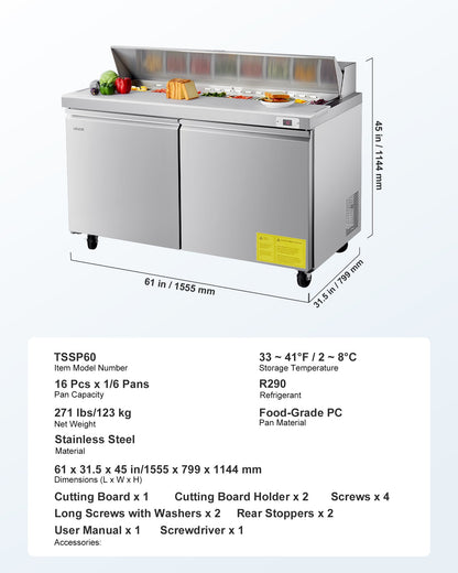 60"W Commercial Refrigerator, 15.4 Cu. Ft Sandwich Prep Refrigerated Table, Mega Top Food Prep Fridge with 16 Pans and Cutting Board, Stainless Steel Salad Prep Cooler for Restaurant, Food Truck
