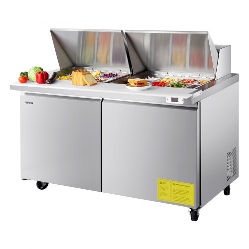 60"W Commercial Refrigerator, 15.4 Cu. Ft Sandwich Prep Refrigerated Table, Mega Top Food Prep Fridge with 24 Pans and Cutting Board, Stainless Steel Salad Prep Cooler for Restaurant, Food Truck