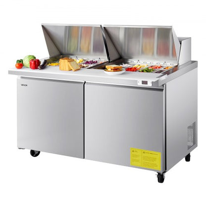 60"W Commercial Refrigerator, 15.4 Cu. Ft Sandwich Prep Refrigerated Table, Mega Top Food Prep Fridge with 24 Pans and Cutting Board, Stainless Steel Salad Prep Cooler for Restaurant, Food Truck