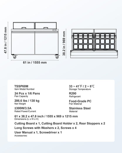 60"W Commercial Refrigerator, 15.4 Cu. Ft Sandwich Prep Refrigerated Table, Mega Top Food Prep Fridge with 24 Pans and Cutting Board, Stainless Steel Salad Prep Cooler for Restaurant, Food Truck