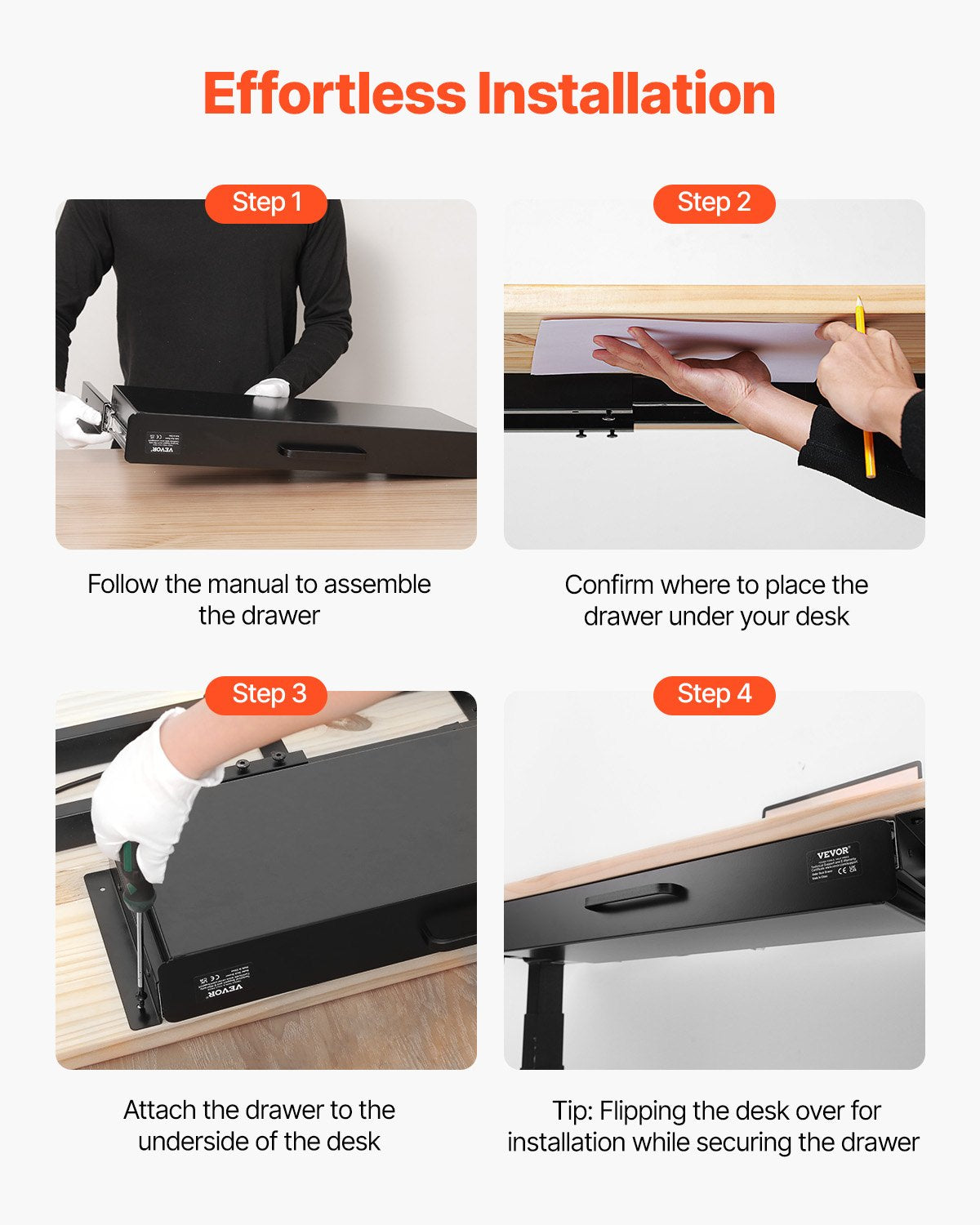 58cm Under Desk Drawer Organizer Pull Out Drawer Space Saver Home Office