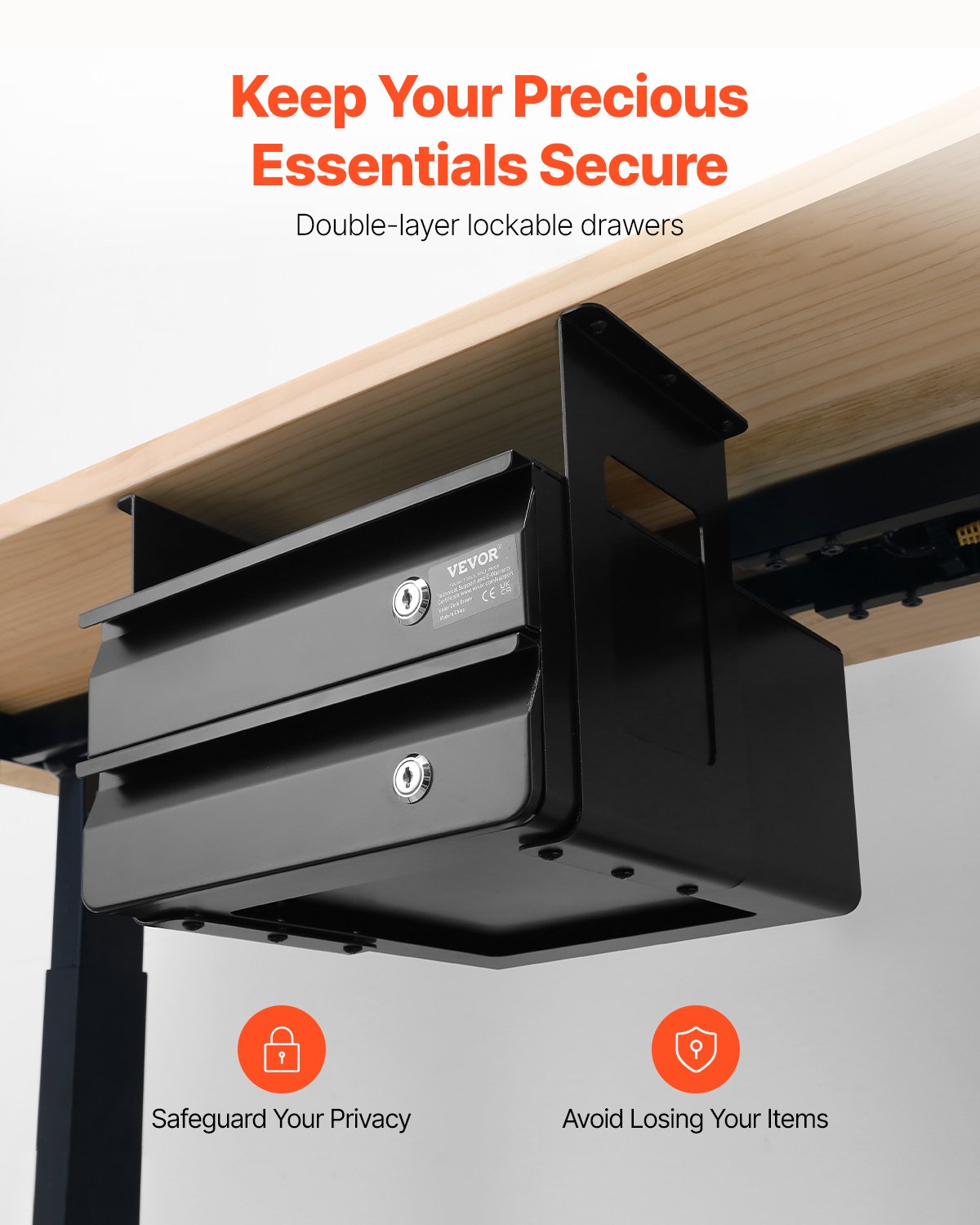 13" Wide Under Desk Drawer Slide Out, Under Table Pull-out Drawer Attachment, Hidden Desktop 2 Layer Storage Organizer, Lockable Undermount Pencil Drawer for Sit Stand Workstation, 14x13x10 in