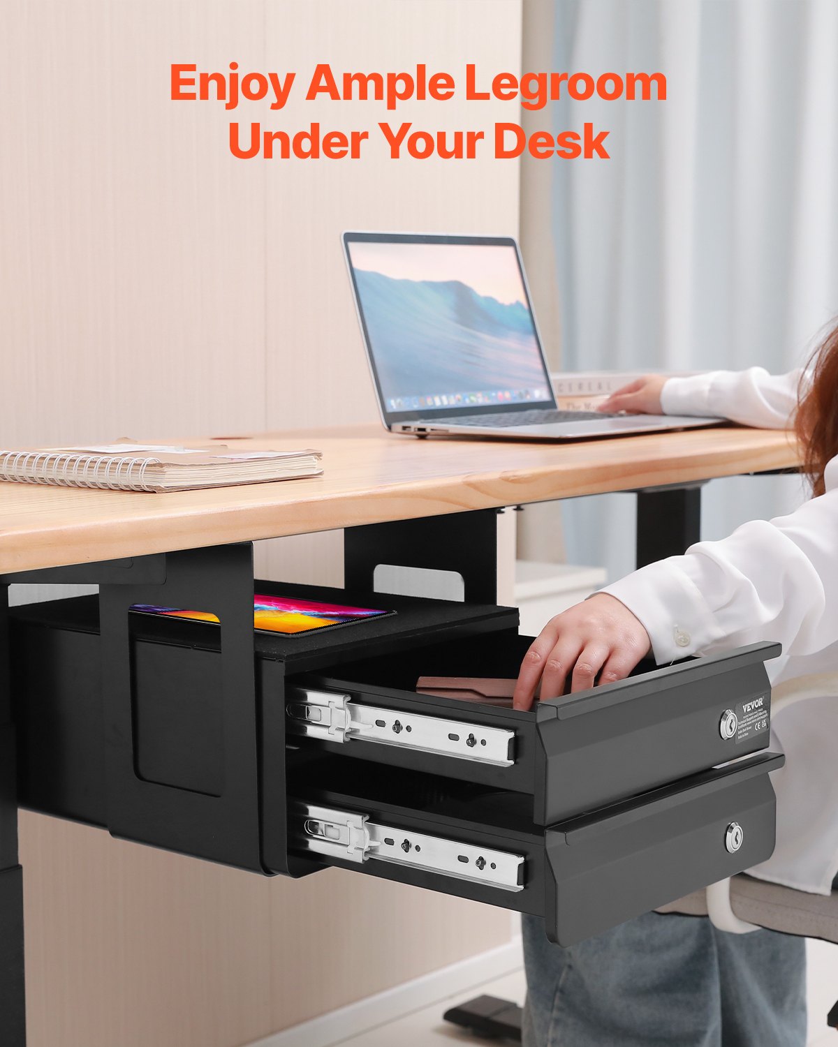 13" Wide Under Desk Drawer Slide Out, Under Table Pull-out Drawer Attachment, Hidden Desktop 2 Layer Storage Organizer, Lockable Undermount Pencil Drawer for Sit Stand Workstation, 14x13x10 in