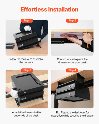 13" Wide Under Desk Drawer Slide Out, Under Table Pull-out Drawer Attachment, Hidden Desktop 2 Layer Storage Organizer, Lockable Undermount Pencil Drawer for Sit Stand Workstation, 14x13x10 in
