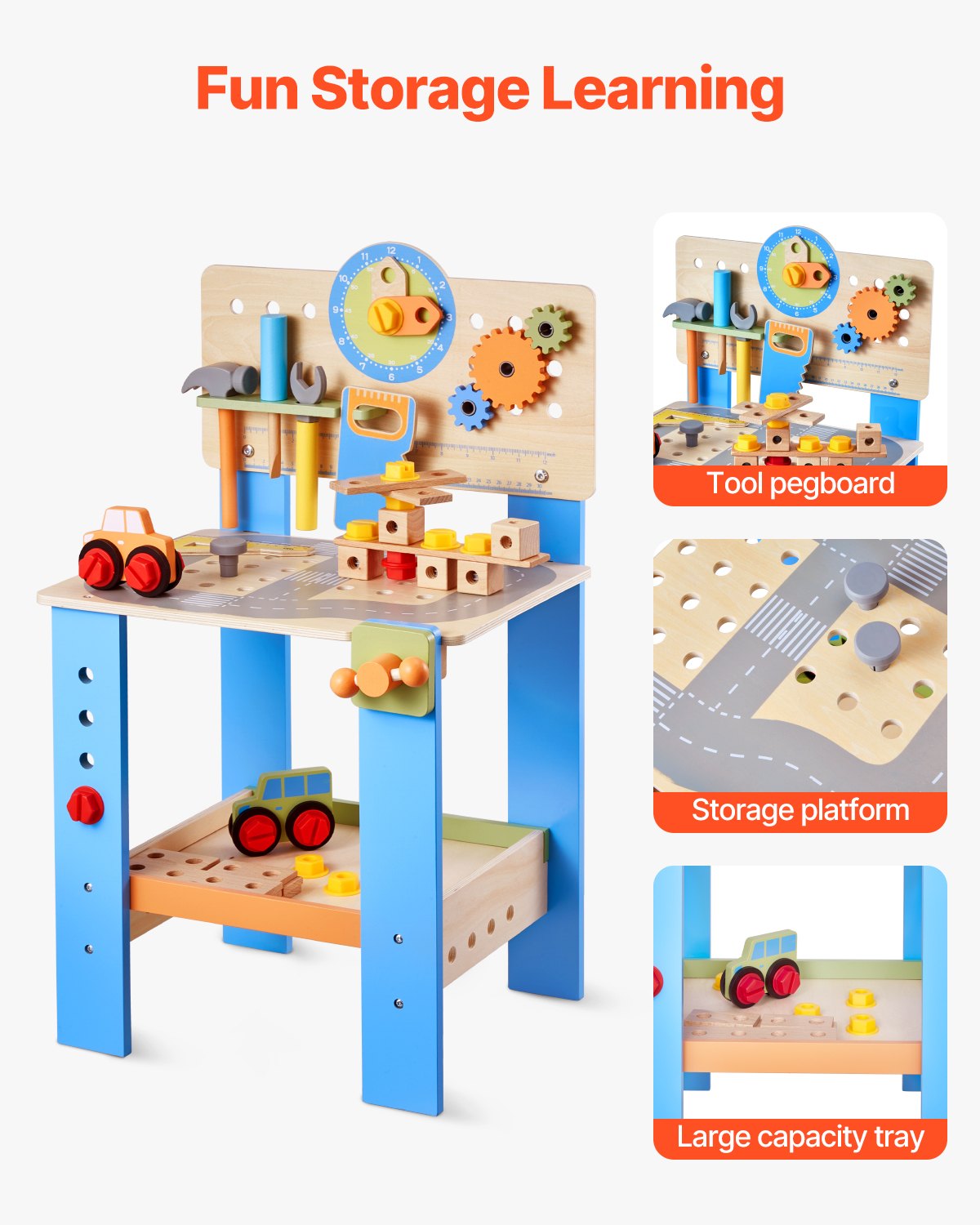 Kids Workbench, 62 pcs, Wooden Tool Bench for Kids 3 Years and Up, Toddler Toy Workbench with Realistic Tools, Building Toy Set Creative & Educational Construction Toy for Boys & Girls