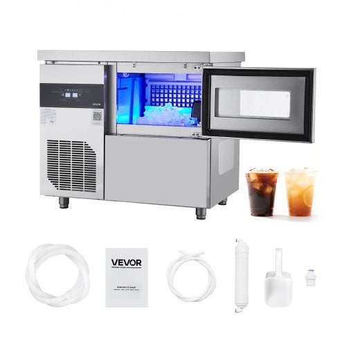 Commercial Ice Maker Machine, 132 lbs/24H Stainless Steel Ice Machine with Worktop, 30 lbs Storage & 70 Cubes/Cycle, Self-Cleaning Freestanding Ice-Making for Home Bar Office Restaurant Kitchen