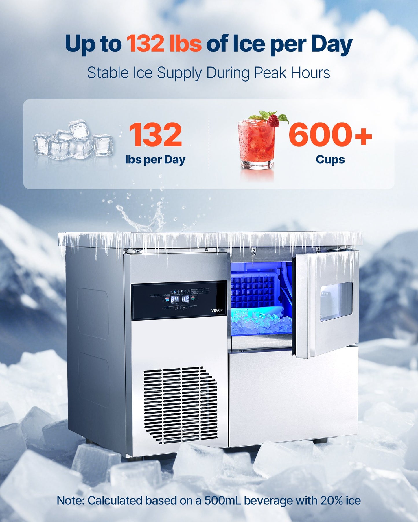 Commercial Ice Maker Machine, 132 lbs/24H Stainless Steel Ice Machine with Worktop, 30 lbs Storage & 70 Cubes/Cycle, Self-Cleaning Freestanding Ice-Making for Home Bar Office Restaurant Kitchen