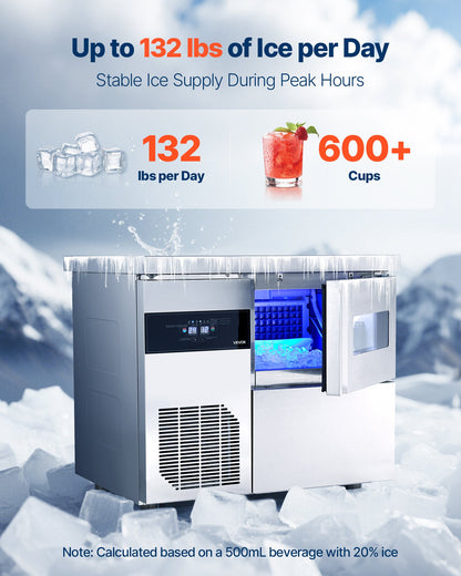 Commercial Ice Maker Machine, 132 lbs/24H Stainless Steel Ice Machine with Worktop, 30 lbs Storage & 70 Cubes/Cycle, Self-Cleaning Freestanding Ice-Making for Home Bar Office Restaurant Kitchen