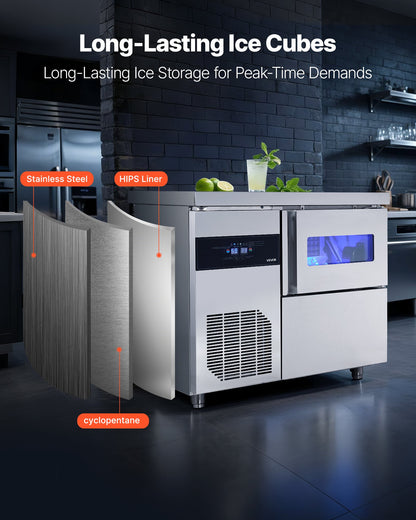Commercial Ice Maker Machine, 132 lbs/24H Stainless Steel Ice Machine with Worktop, 30 lbs Storage & 70 Cubes/Cycle, Self-Cleaning Freestanding Ice-Making for Home Bar Office Restaurant Kitchen