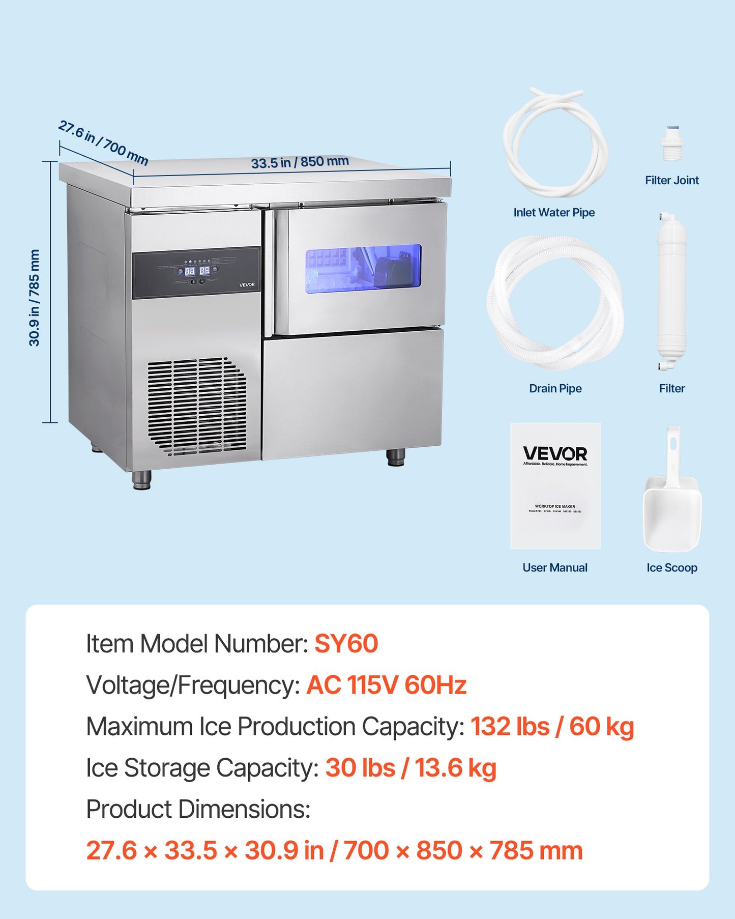 Commercial Ice Maker Machine, 132 lbs/24H Stainless Steel Ice Machine with Worktop, 30 lbs Storage & 70 Cubes/Cycle, Self-Cleaning Freestanding Ice-Making for Home Bar Office Restaurant Kitchen