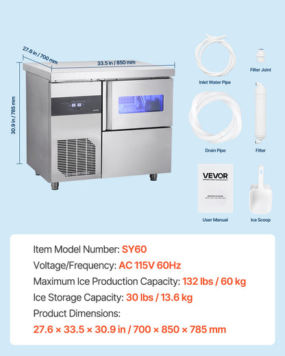 Commercial Ice Maker Machine, 132 lbs/24H Stainless Steel Ice Machine with Worktop, 30 lbs Storage & 70 Cubes/Cycle, Self-Cleaning Freestanding Ice-Making for Home Bar Office Restaurant Kitchen