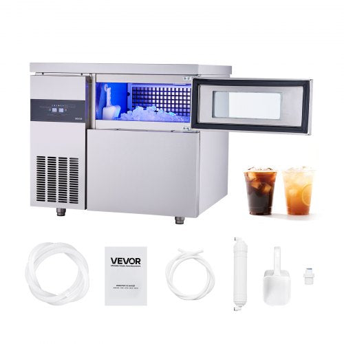 Commercial Ice Maker Machine, 220 lbs/24H Stainless Steel Ice Machine with Worktop, 66 lbs Storage & 108 Cubes/Cycle, Self-Cleaning Freestanding Ice-Making for Home Bar Office Restaurant Kitchen