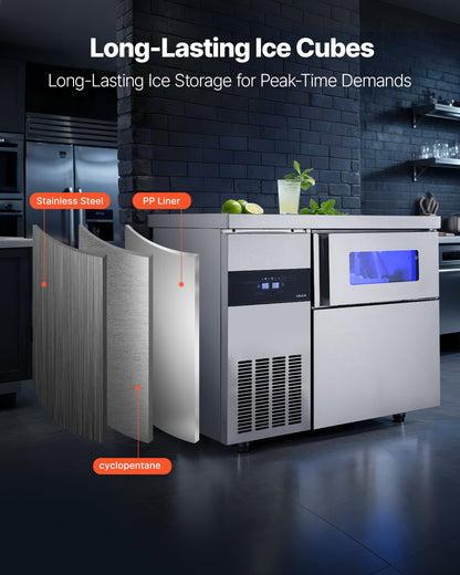 Commercial Ice Maker Machine, 220 lbs/24H Stainless Steel Ice Machine with Worktop, 66 lbs Storage & 108 Cubes/Cycle, Self-Cleaning Freestanding Ice-Making for Home Bar Office Restaurant Kitchen