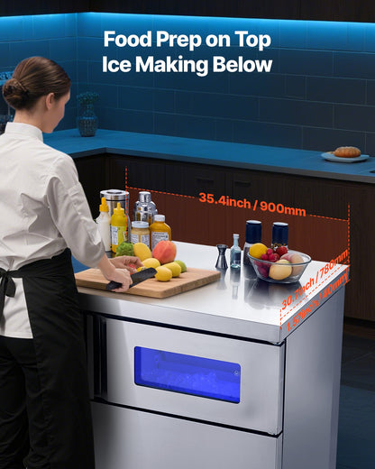 Commercial Ice Maker Machine, 265 lbs/24H Stainless Steel Ice Machine with Worktop, 66 lbs Storage & 126 Cubes/Cycle, Self-Cleaning Freestanding Ice-Making for Home Bar Office Restaurant Kitchen