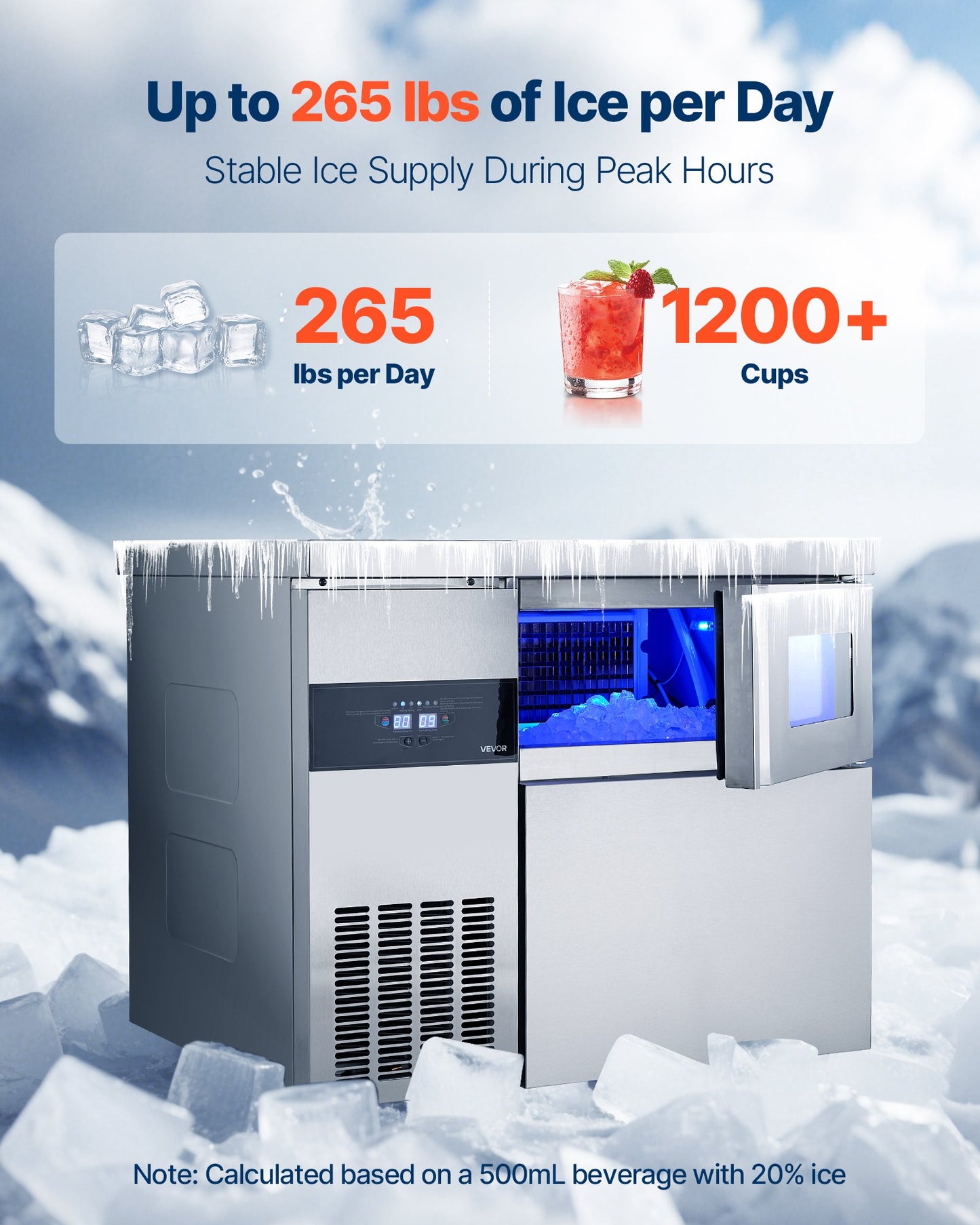 Commercial Ice Maker Machine, 265 lbs/24H Stainless Steel Ice Machine with Worktop, 66 lbs Storage & 126 Cubes/Cycle, Self-Cleaning Freestanding Ice-Making for Home Bar Office Restaurant Kitchen