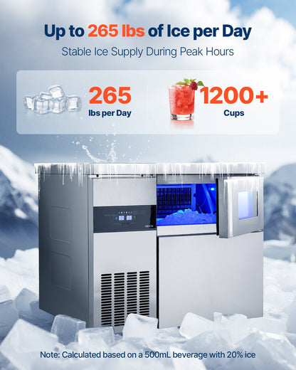Commercial Ice Maker Machine, 265 lbs/24H Stainless Steel Ice Machine with Worktop, 66 lbs Storage & 126 Cubes/Cycle, Self-Cleaning Freestanding Ice-Making for Home Bar Office Restaurant Kitchen