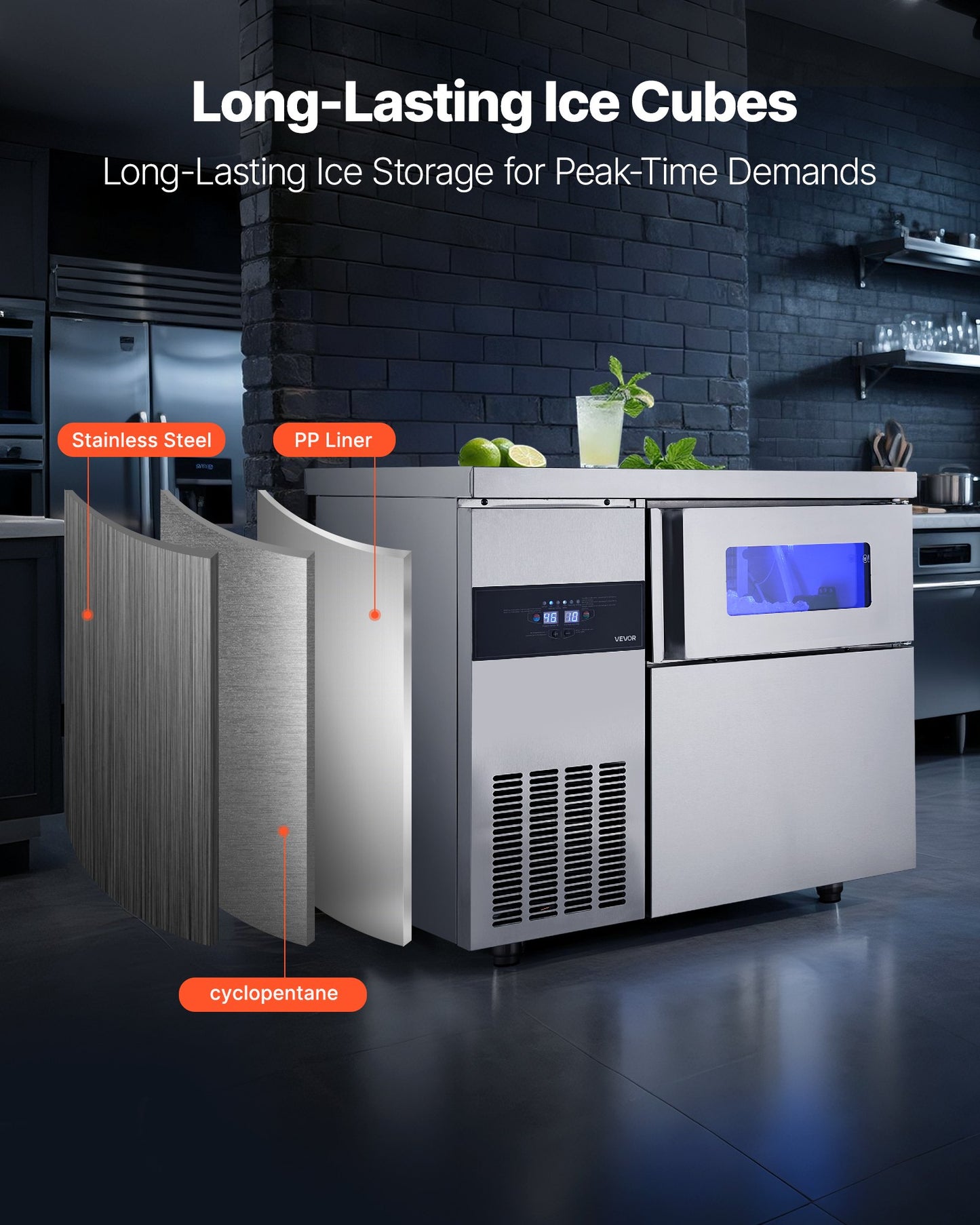 Commercial Ice Maker Machine, 265 lbs/24H Stainless Steel Ice Machine with Worktop, 66 lbs Storage & 126 Cubes/Cycle, Self-Cleaning Freestanding Ice-Making for Home Bar Office Restaurant Kitchen