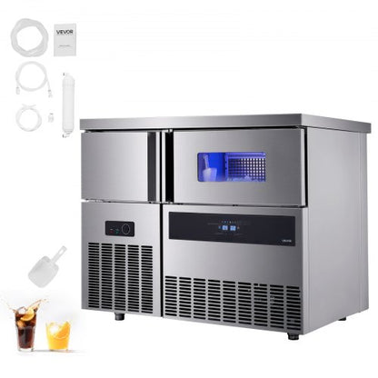 Commercial Ice Maker Machine, 330 lbs/24H Stainless Steel Ice Machine with Worktop, 88 lbs Storage & 144 Cubes/Cycle, Self-Cleaning Freestanding Ice-Making for Home Bar Office Restaurant Kitchen