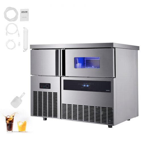 Commercial Ice Maker Machine, 330 lbs/24H Stainless Steel Ice Machine with Worktop, 88 lbs Storage & 144 Cubes/Cycle, Self-Cleaning Freestanding Ice-Making for Home Bar Office Restaurant Kitchen