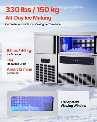 Commercial Ice Maker Machine, 330 lbs/24H Stainless Steel Ice Machine with Worktop, 88 lbs Storage & 144 Cubes/Cycle, Self-Cleaning Freestanding Ice-Making for Home Bar Office Restaurant Kitchen