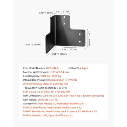 8-piece workbench corner brackets, 6.5 x 6.5 x 6.5 inches/165 x 165 x 165 mm