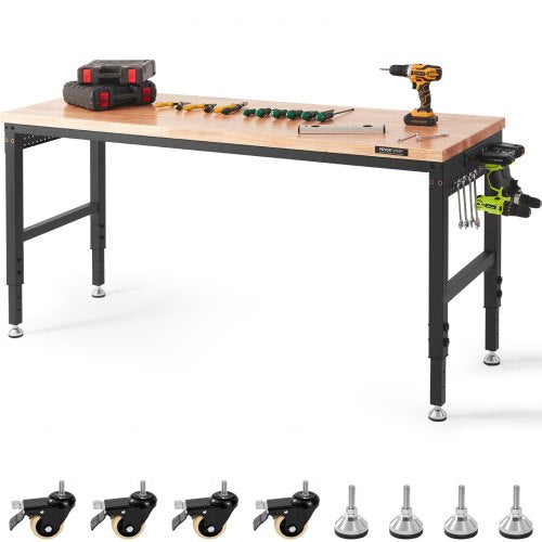 Adjustable Workbench, 72" L X 25" W Garage Worktable with Universal Wheels, 28-39.5" Heights & 3000 LBS Load Capacity, with Power Outlets & Hardwood Top & Storage & Foot Pads, for Office Home