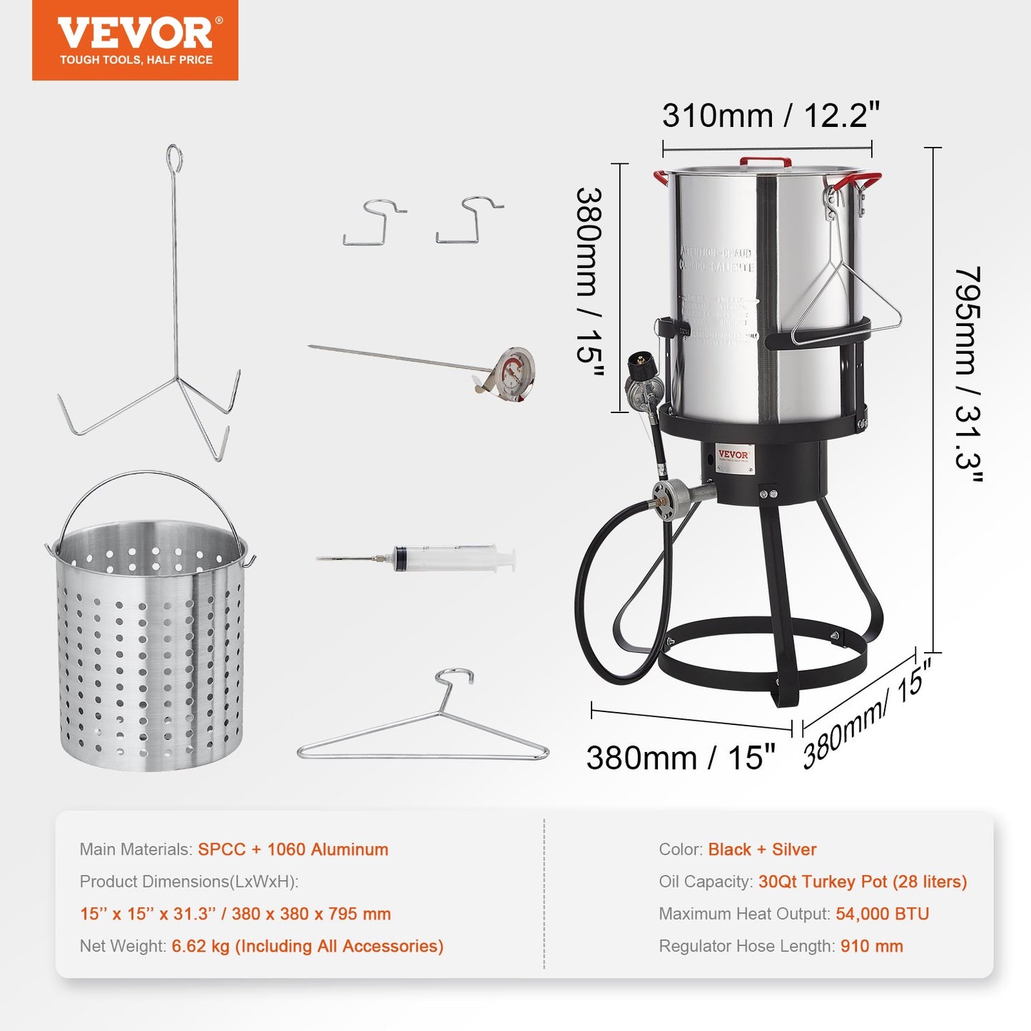 Turkey Deep Fryer, 30-qt Turkey Fryer Boiler Steamer Cooker Set, Outdoor Aluminum Seafood Frying Pot, 54,000 BTU Burner Propane Gas Boiler, Includes Basket, Perforated Poultry Rack, Thermometer