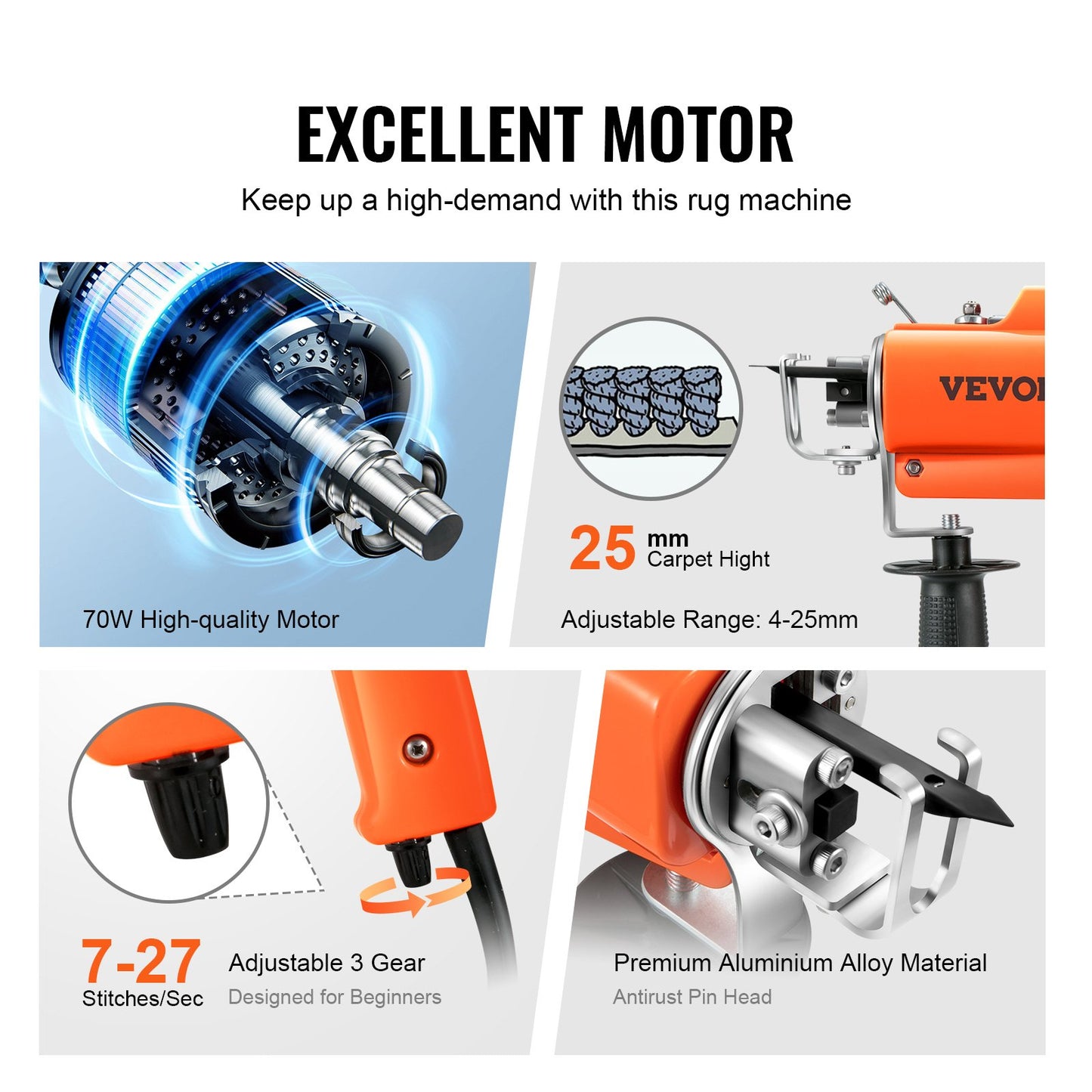Tufting Gun, 2 in 1 Cut & Loop Pile, Electric Carpet Weaving Flocking Machine, Rug Machines Starter Kit, 7-27 Stitches/sec High Speed Rug Making Tools, 4-25 mm Adjustable Height, 110V