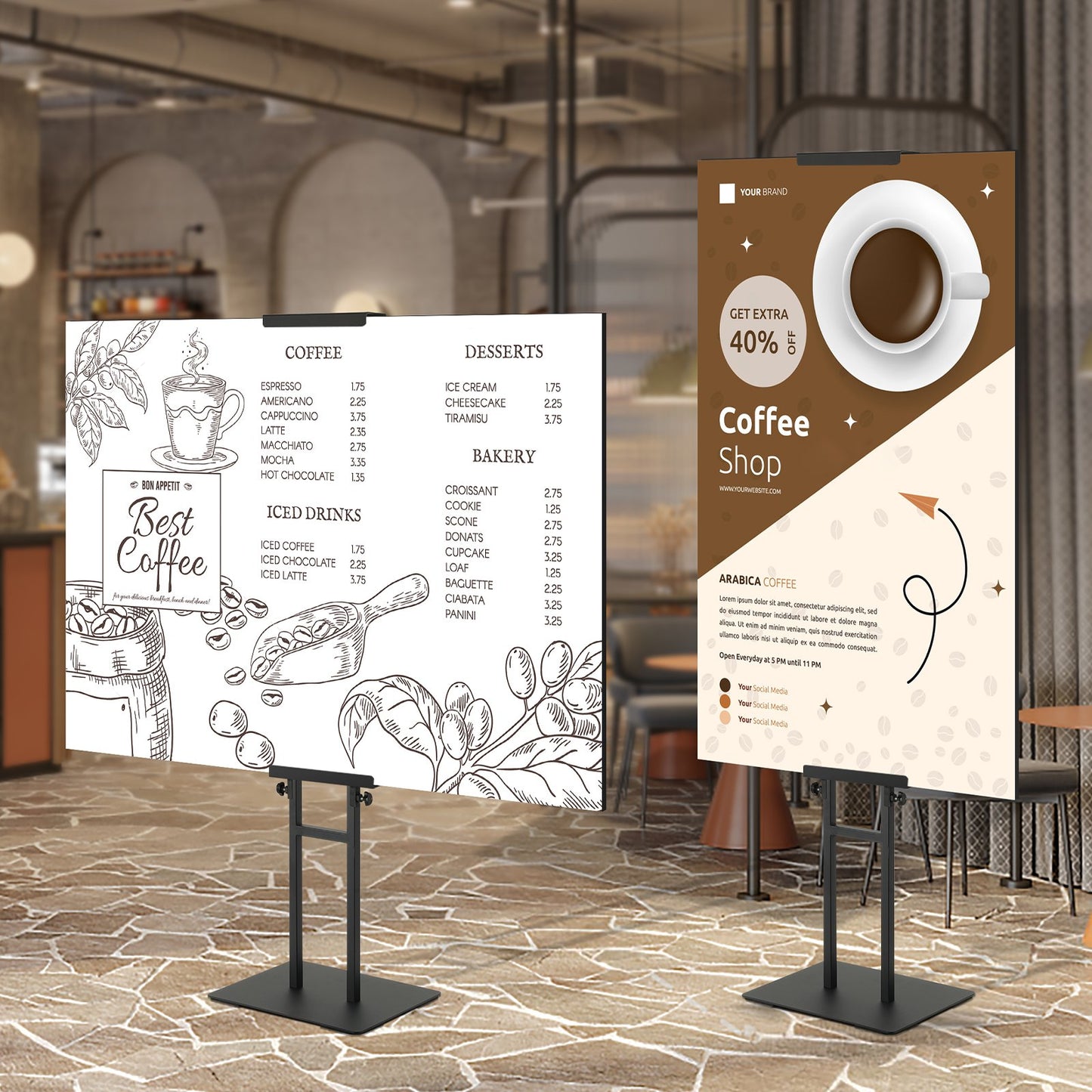 Poster Stand, Adjustable Height Up to 75", Double-Sided Heavy Duty Pedestal Sign Holder, Floor Standing Sign Holder Banner Stand with Shock-absorbing Base for Display, for Board and Foam, Black