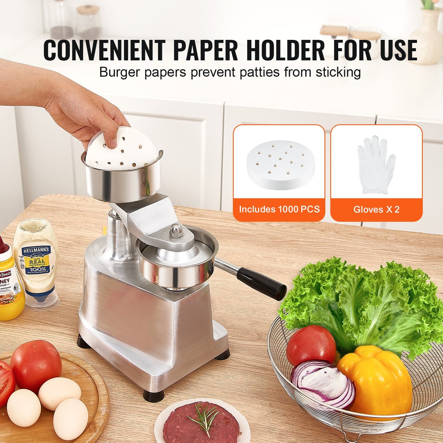 Commercial Burger Patty Maker, 100mm/4inch Hamburger Beef Patty Maker, Heavy Duty Food-Grade Stainless Steel Bowl Burger Press Machine, Kitchen Meat Forming Processor with 1000 Pcs Patty Papers