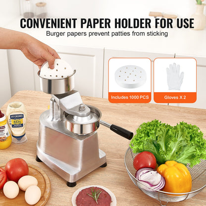 Commercial Burger Patty Maker, 100mm/4inch Hamburger Beef Patty Maker, Heavy Duty Food-Grade Stainless Steel Bowl Burger Press Machine, Kitchen Meat Forming Processor with 1000 Pcs Patty Papers