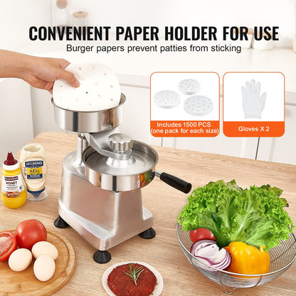 Commercial Burger Patty Maker, Hamburger Beef Patty Maker with 3 Convertible Mold(4/5/6-inch), Heavy Duty Stainless Steel Burger Press Machine, Meat Forming Processor with 1500 Pcs Patty Papers