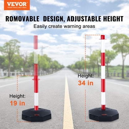Adjustable Traffic Delineator Post Cones, 4 Pack, Traffic Safety Demarcation Barrier with Fillable Base 8FT Chain, for Traffic Control Warning Parking Lot Construction Warning Roads, Red and White