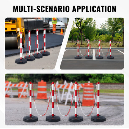 Adjustable Traffic Delineator Post Cones, 4 Pack, Traffic Safety Demarcation Barrier with Fillable Base 8FT Chain, for Traffic Control Warning Parking Lot Construction Warning Roads, Red and White