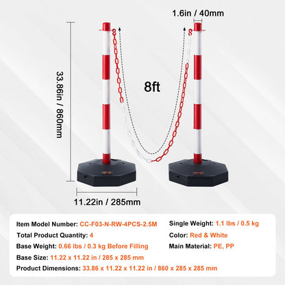 Adjustable Traffic Delineator Post Cones, 4 Pack, Traffic Safety Demarcation Barrier with Fillable Base 8FT Chain, for Traffic Control Warning Parking Lot Construction Warning Roads, Red and White
