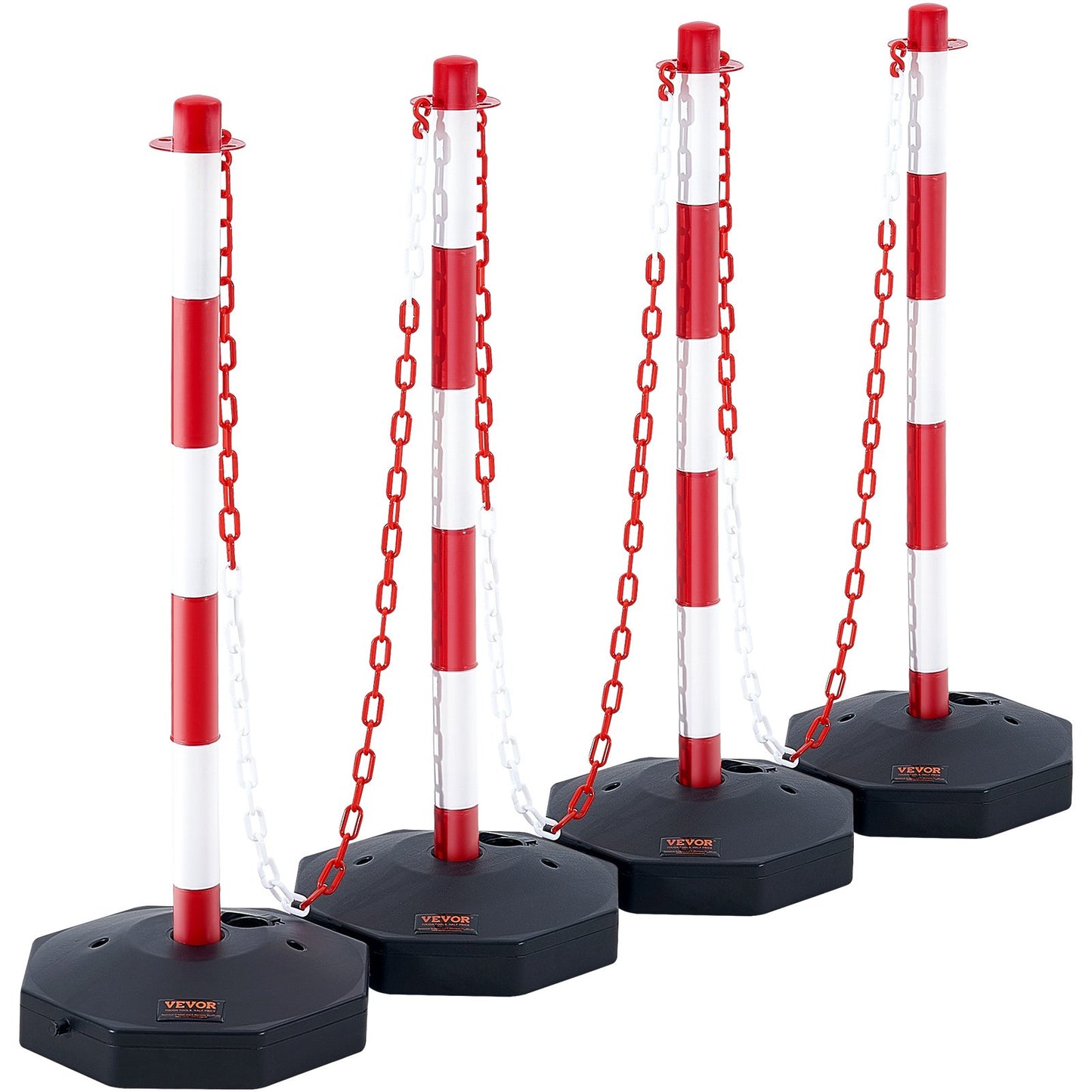 Adjustable Traffic Delineator Post Cones, 4 Pack, Traffic Safety Demarcation Barrier with Fillable Base 8FT Chain, for Traffic Control Warning Parking Lot Construction Warning Roads, Red and White