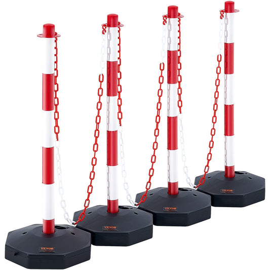 Adjustable Traffic Delineator Post Cones, 4 Pack, Traffic Safety Demarcation Barrier with Fillable Base 8FT Chain, for Traffic Control Warning Parking Lot Construction Warning Roads, Red and White